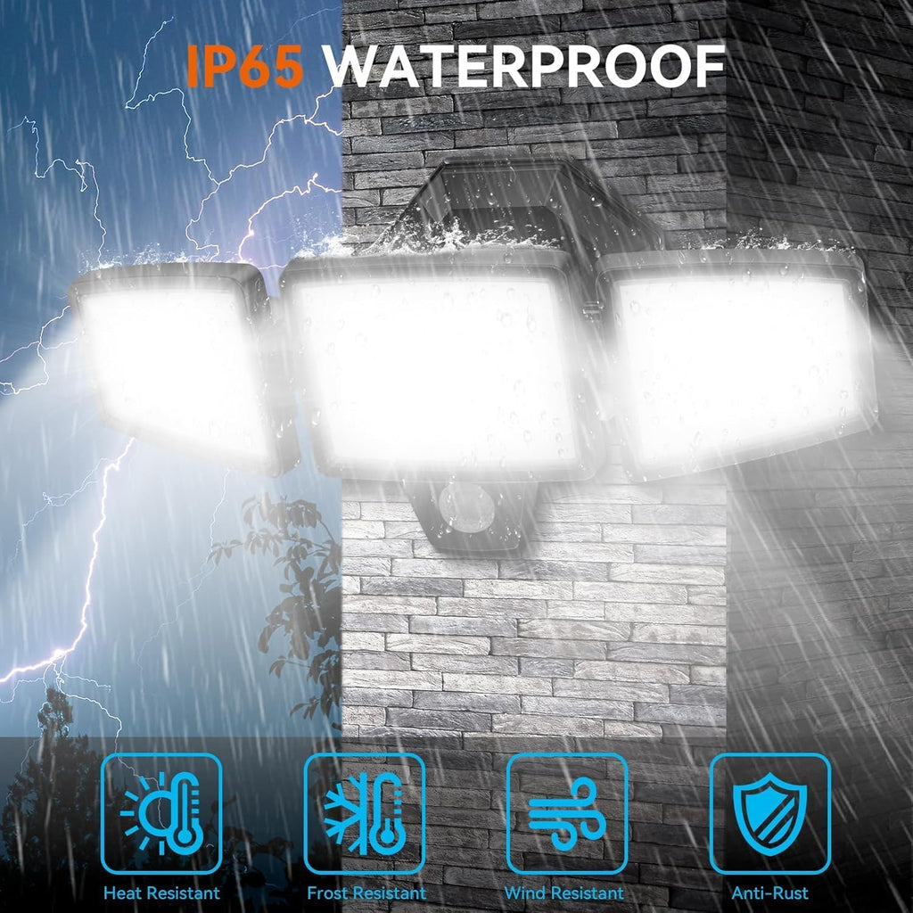 LED Security Lights Motion Sensor Outdoor Lights, 6500K Daylight, IP65 Waterproof, Dusk to Dawn, 3-Head Motion
