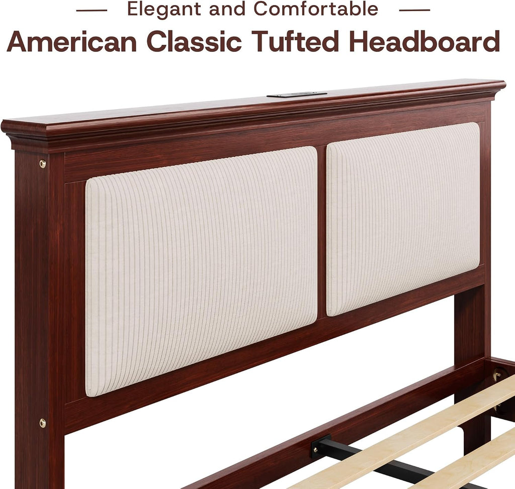 Queen Bed Frame with Headboard, Solid Wood Bed Frame Queen with Charging Station & RGB LED, Wood Slats Support
