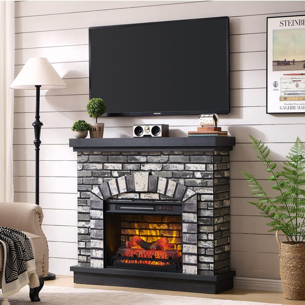 42 Inch Farmhouse Electric Fireplace TV Stand with Mantel, 23 Inch Freestanding Electric Fireplace Heater, Adjustable 3D Flame Levels and Remote Control, Light Grey