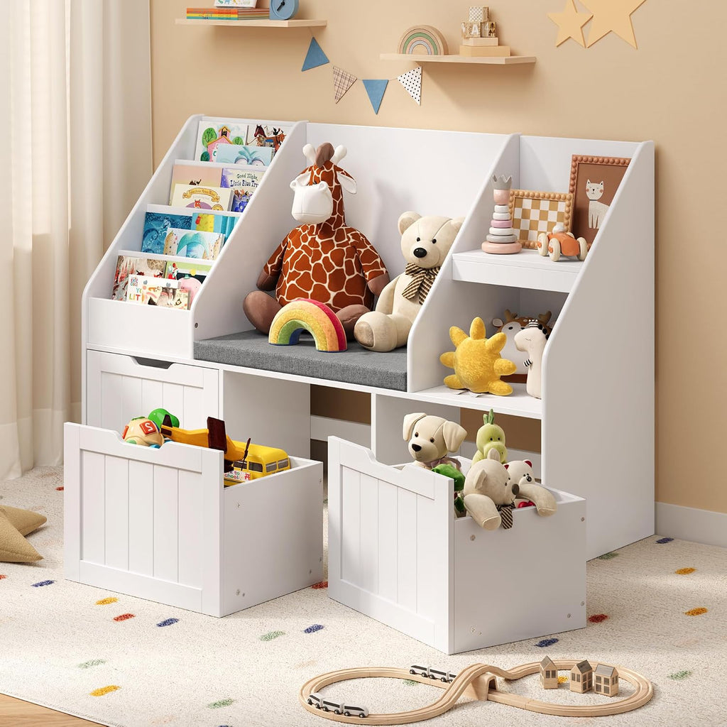 Kids Toy Storage Organizer with Reading Nook, Kids Bookshelf with 3 Movable Drawers, Kids Reading Nook with Bench for