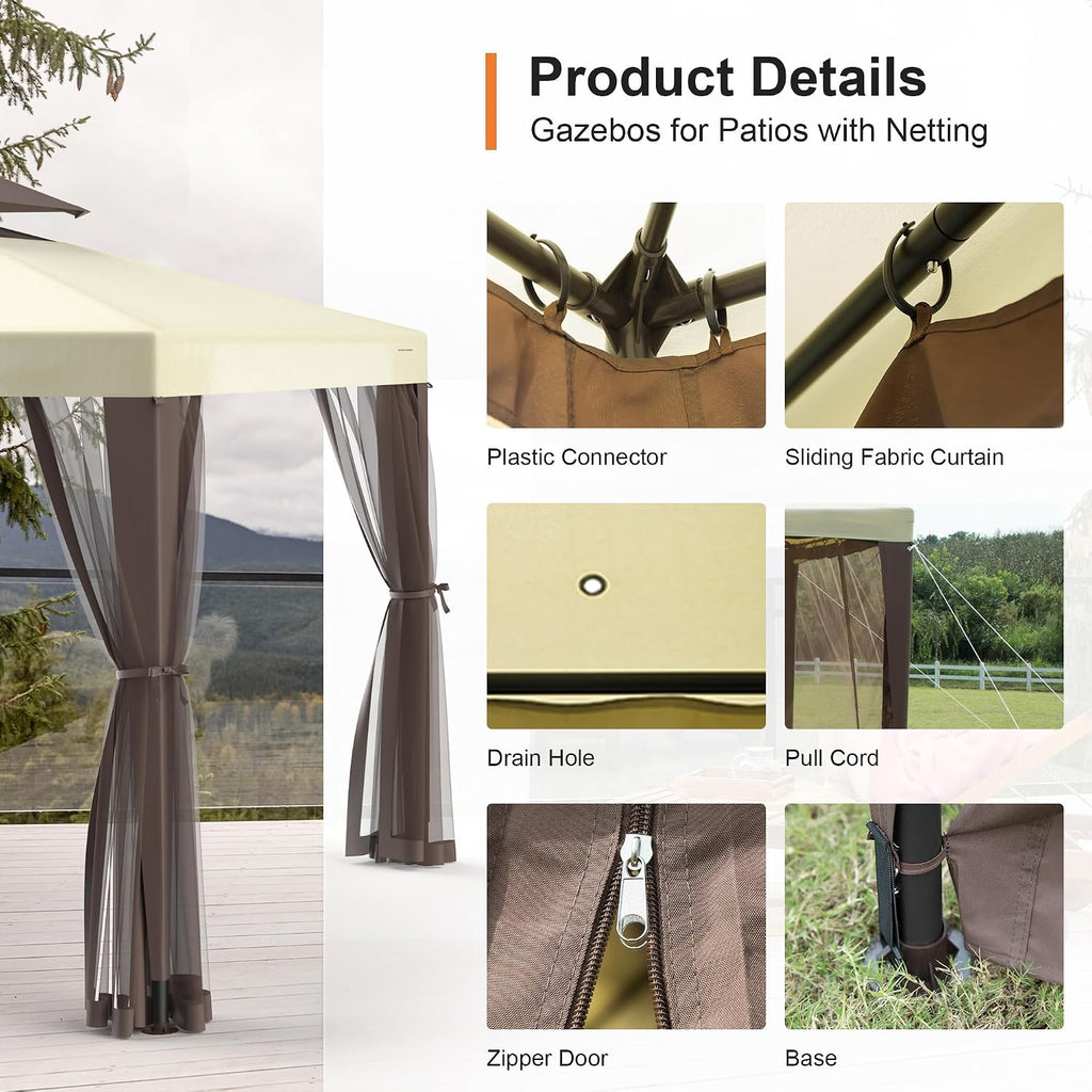 Patio Gazebo Tent Outdoor Canopy Shelter 10'x10' with Removable Netting,100 Square Feet of Shade and Lawns (Beige)