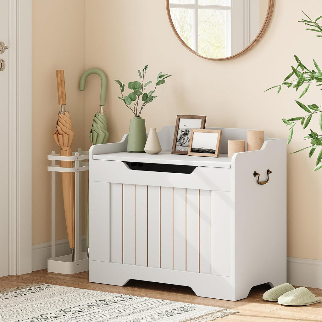 Storage Bench, 24.8" Storage Chest with Lid, Farmhouse Blanket Chest with Safety Hinge,Storage Trunk , White