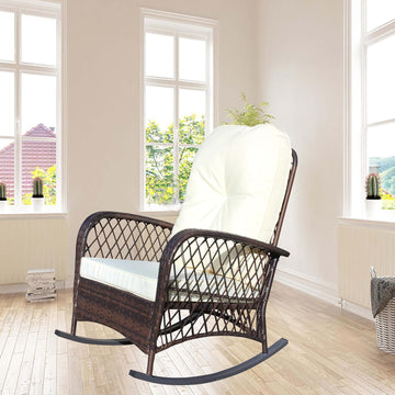 Outdoor Wicker Rocking Chair, Rattan Patio Rocker, Steel Frame | Outdoor Wicker Rocker Chair Cushioned Patio Rocker