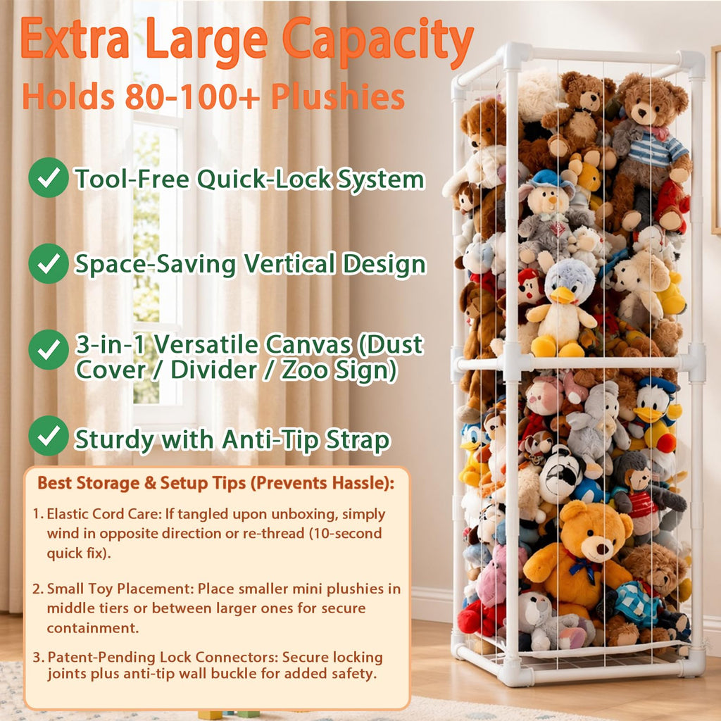 Stuffed Animal Storage Organizer, 58" Extra Large Zoo Cage for 80+ Plushies, Upgraded Quick-Lock Vertical Toy Holder