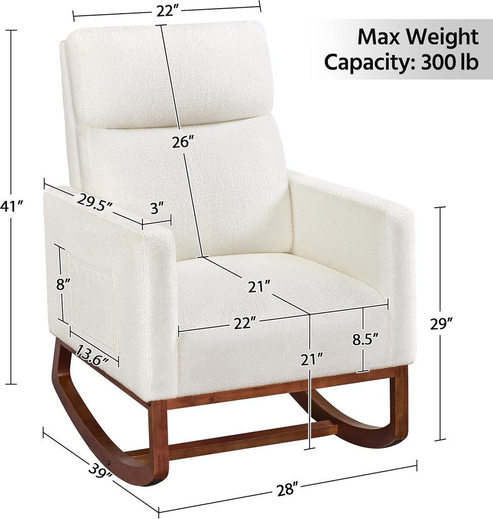 28in Wide Padded High Back Nursery Rocking Chair, Ivory Boucle | Thick Foam Glider Chair, Nursing Chair with High