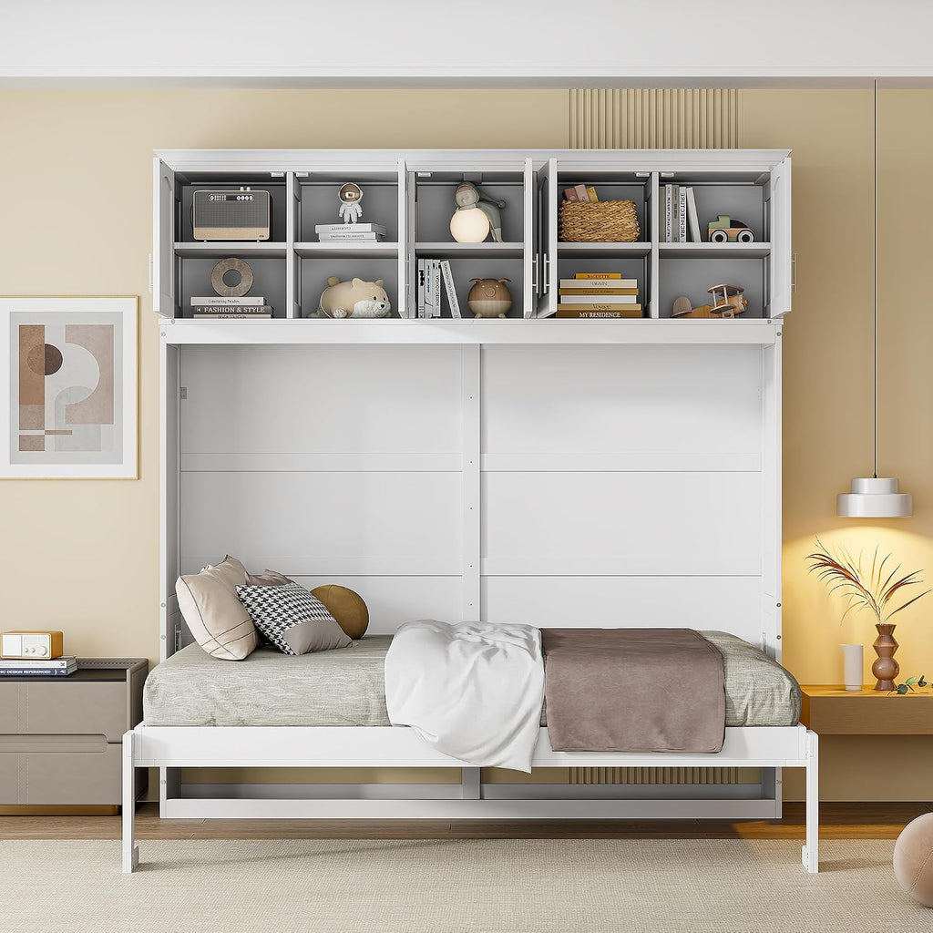 Modern Farmhouse Solid Wood Murphy Bed Chest with Top Cabinets, Tall Wall Platform Bed Space Saving/Wood Slat Support