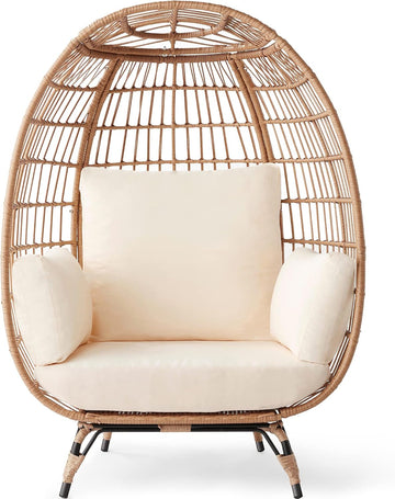 Wicker Egg Chair, Oversized Indoor Outdoor Lounger , Backyard, Living Room w/ 4 Cushions, Steel Frame, 440lb Capacity