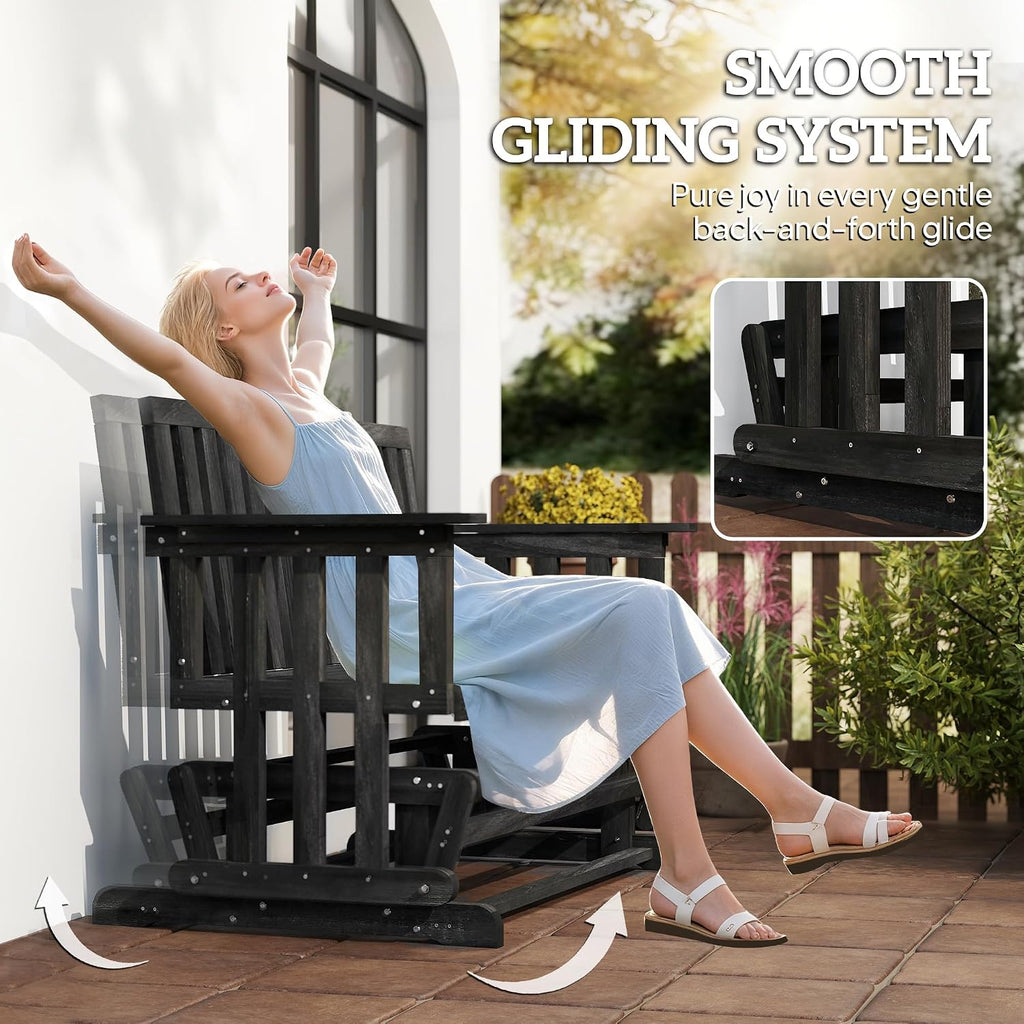 2-Person Patio Swing Glider Bench with Quick Drying Design Black | Wide Armrest, Wooden Patio Glider Bench, Rocking