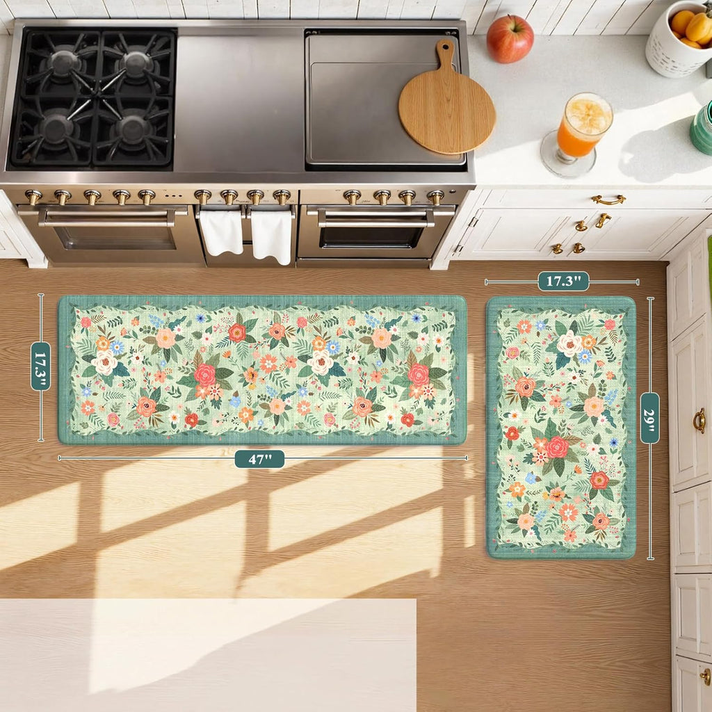 Anti Fatigue Mats Floor Green Farmhouse Kitchen Rugs - Set of 2