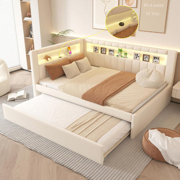 Upholstered Full Size Daybed with LED and Trundle, USB Ports, White | L-Shaped Corner Day Bed with Storage Shelves