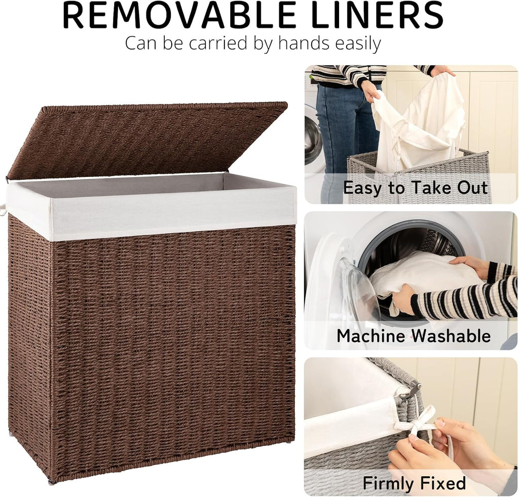 Laundry Hamper with Lid, 110L(29.1 Gal) Large Wicker Laundry Basket , Handwoven Paper Rope Clothes Hamper with