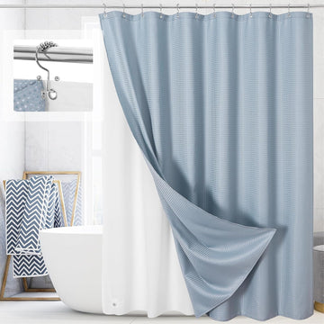 3 in 1 Fog Blue Shower Curtain Set with PEVA Liner & 12 Hooks, 72 x 72 | Fabric shower curtain, modern hotel style