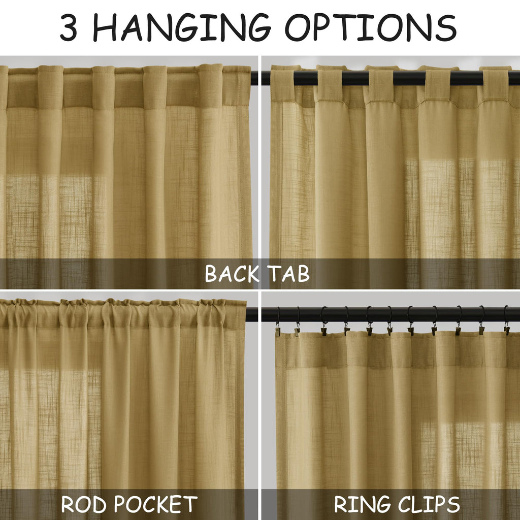 Gold Linen Curtains 63 Inches Long 2 Panel Sets Bedroom Rod Pocket Back Tab Light Filtering Drape Window Short