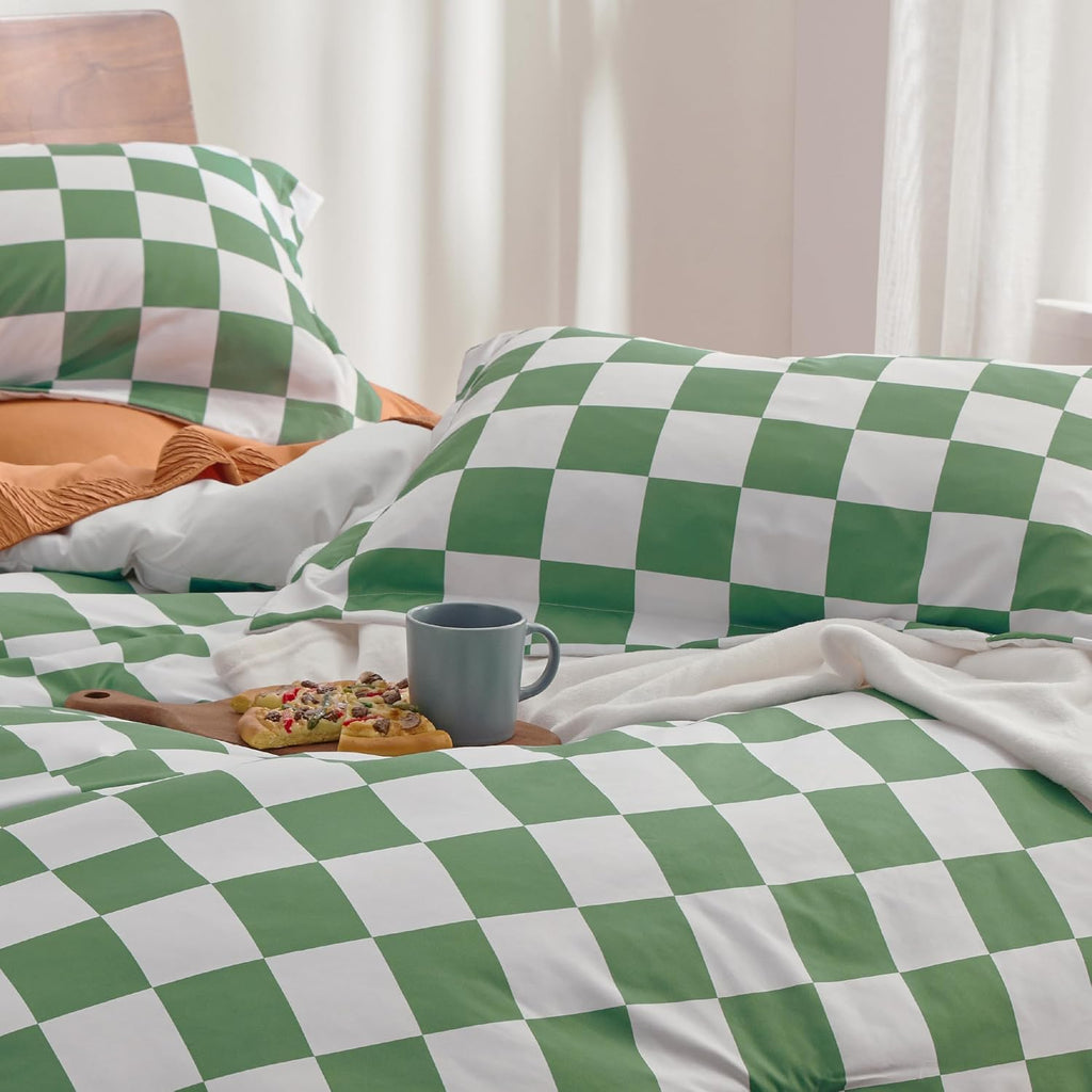 Comforter Set - Extra Long Comforter Set, Checkered Dorm Bedding for Boys, 2 Pieces, 1 Soft Green