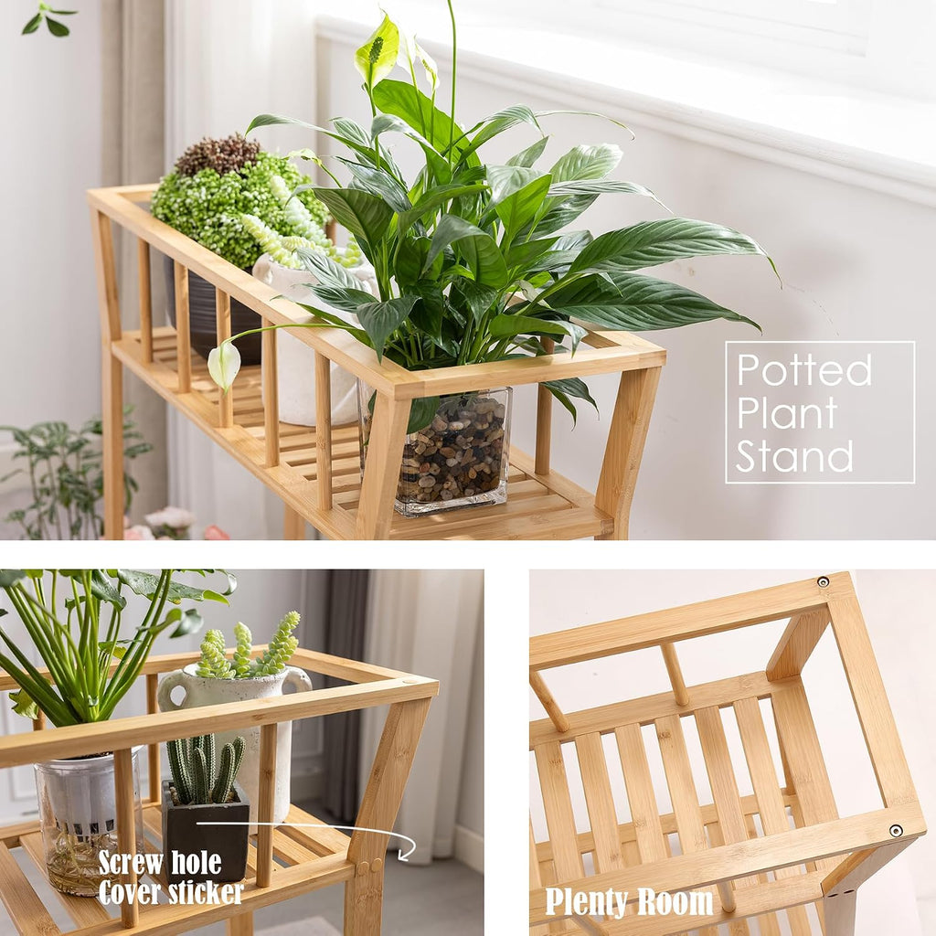 Bamboo Plant Stand Indoor 37.4"x11" 2 Tier Tall Organizer Shelf | Flower Pot Holder, Mid Century Modern Table