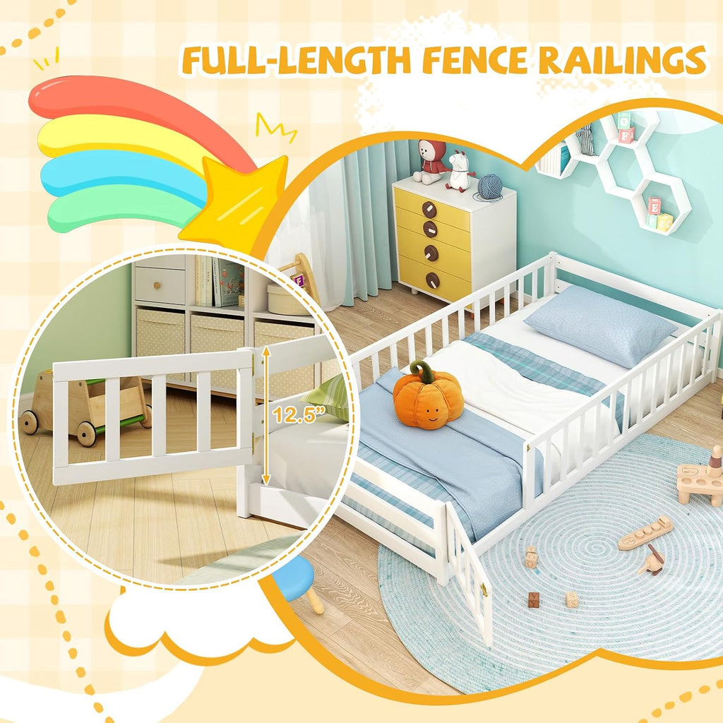 Twin Floor Bed with Fence for Kids, Wooden Montessori Bed Frame with Lockable Door & Guardrails, Low Floor Beds for