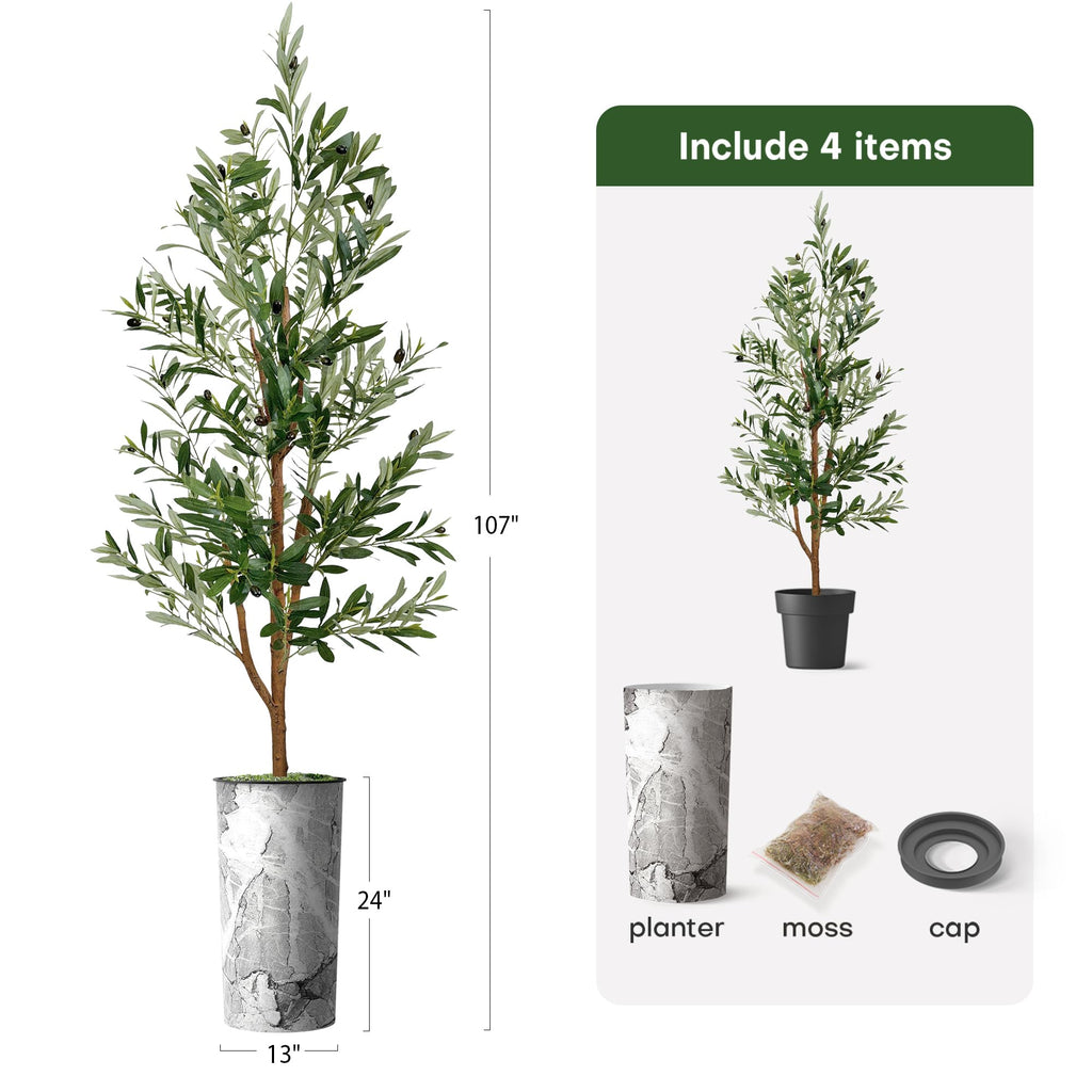 Artificial Tree in Gray Marble Effect Planter, Fake Olive Silk Tree for Indoor and Outdoor Home Decoration - 68"
