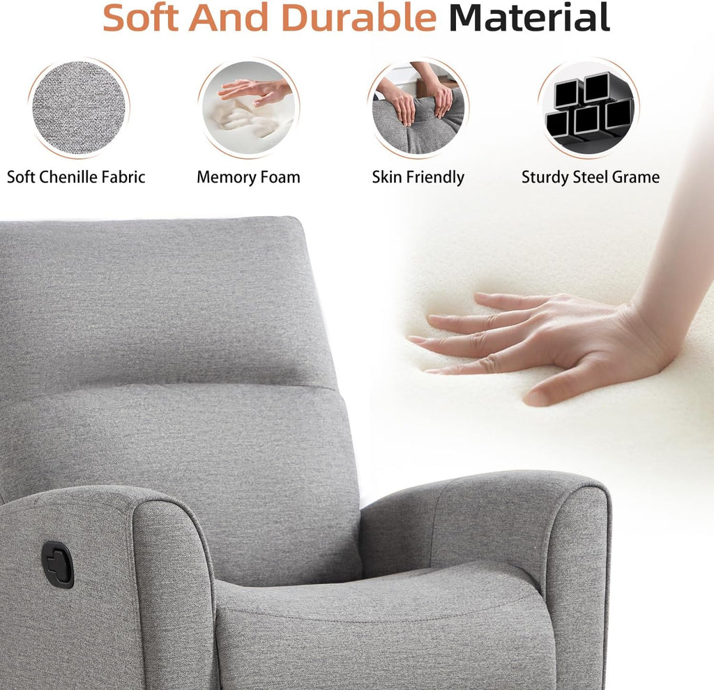Recliner Rocker Swivel Chair, Manual Chenille Glider Rocking Chair, Swivel Glider Recliners with Soft Backrest, 360°