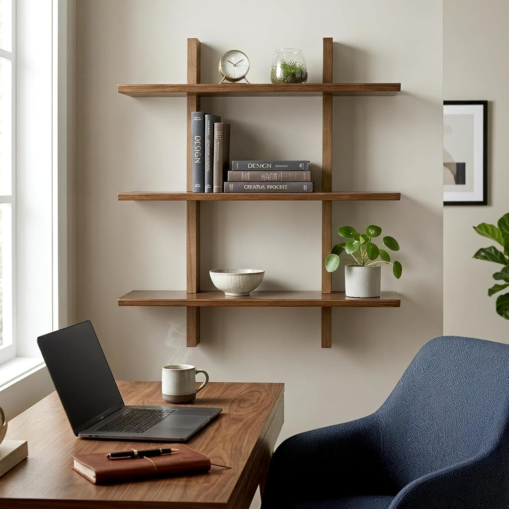 Solid Wood Floating Wall Shelves, Premium Hardwood Hanging Shelves with Reinforced Brackets, Japanese Joinery Wall