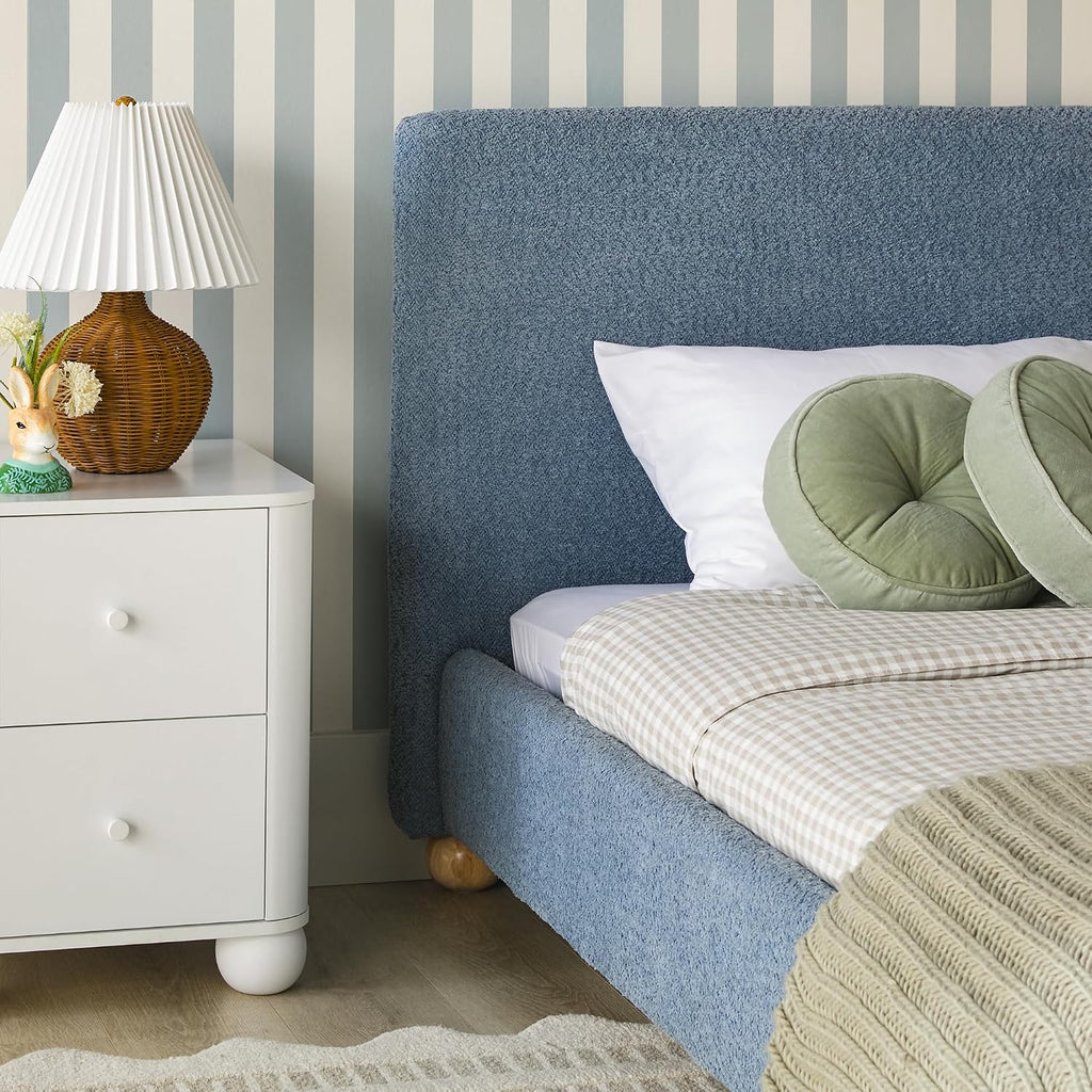 Modern Upholstered Kids Twin Bed Frame with Round Feet, Blue