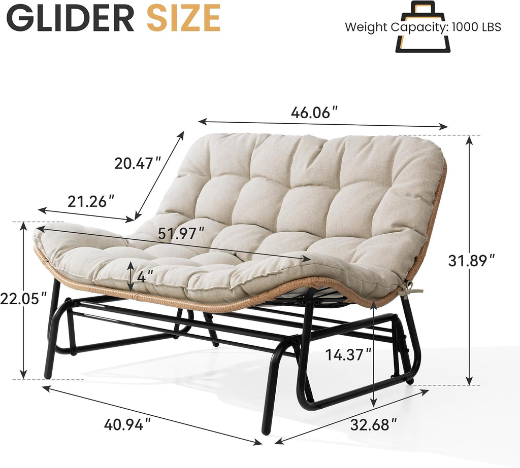 Outdoor Glider Bench 2-Person Rattan Patio Glider with Soft Cushion(Beige) | All-Weather Boho Rattan Patio Furniture
