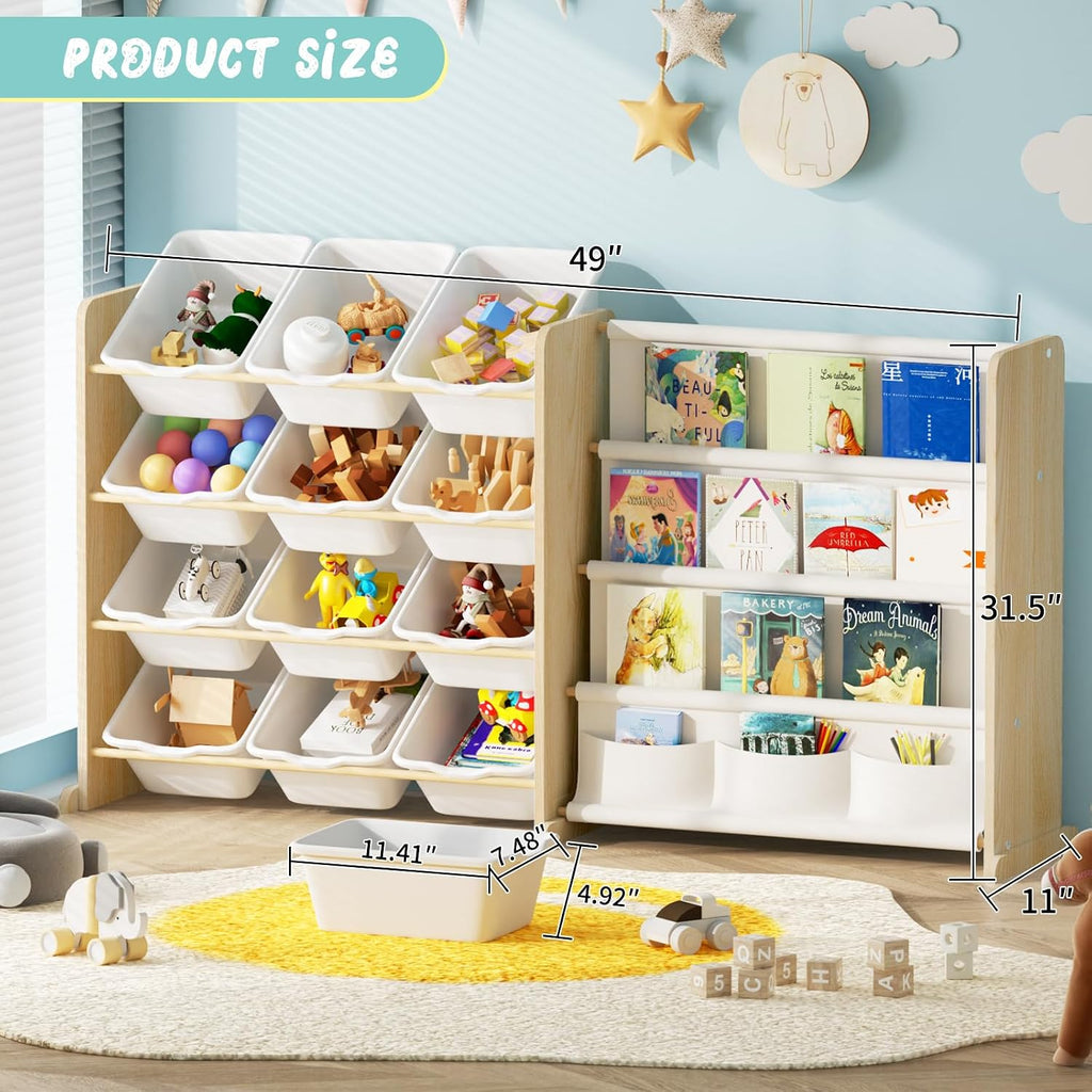 Kids Toy Storage Organizer - Toy Organizer with Bookshelf, Toy Storage with 12 Toy White Bins and 4 Book Shelves, Toy