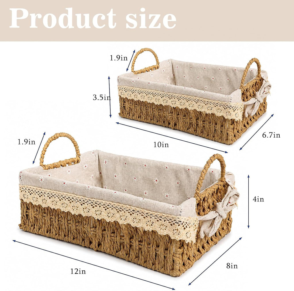 Rectangular Wicker Basket 2-Pack, Small Storage Baskets with Liner | Handwoven paper rope on metal frame. Removable