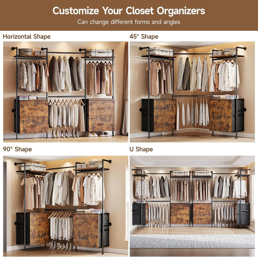 T4 Wall Mounted Closet System, Industrial Pipe Clothing Rack with 8 Wooden Shelves, 4 Drawers & 4 Hanging Rods (2