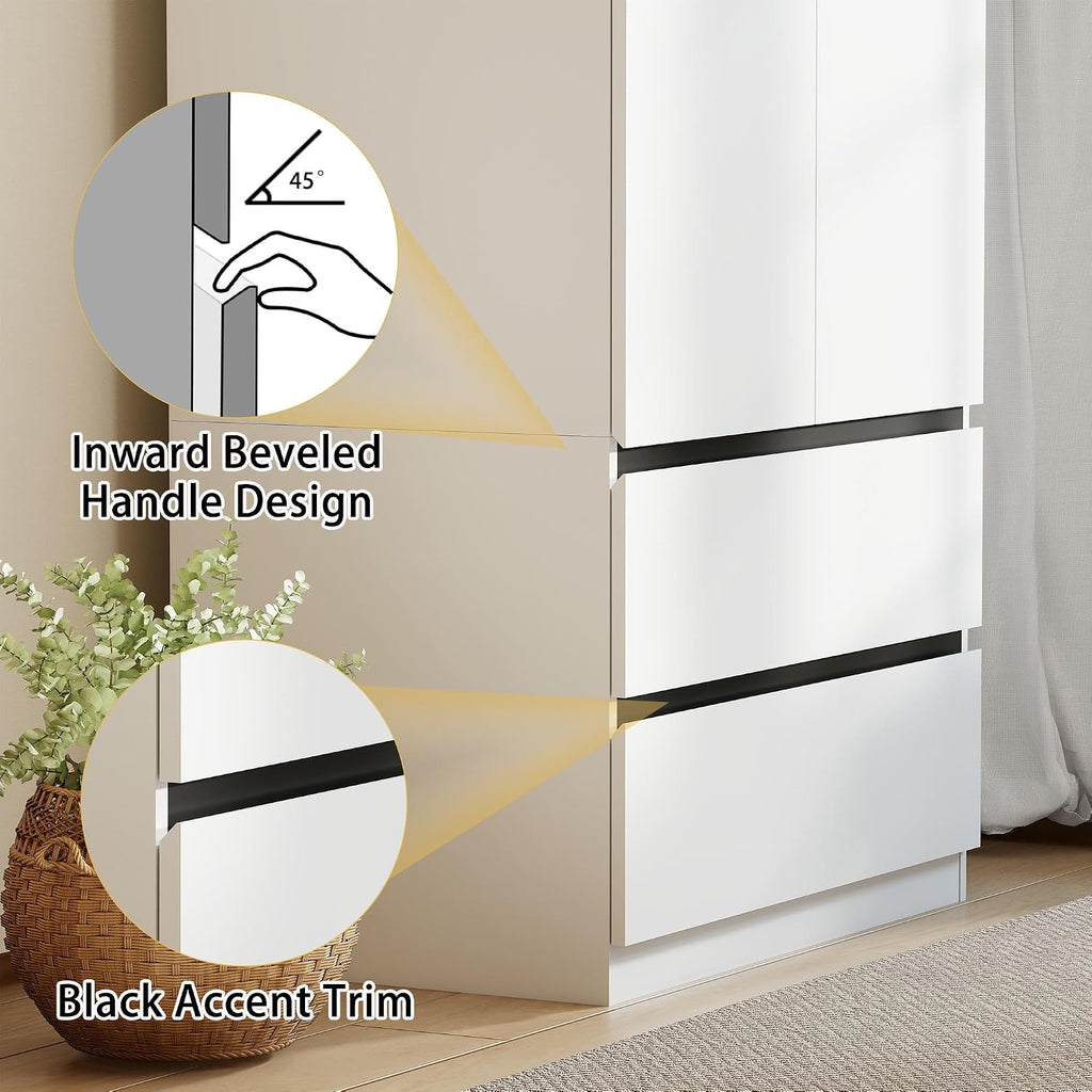 White Wardrobe Closet with Doors: 75" Large Capacity Bedroom Armoire, Wooden Cabinet with 2 Drawers, Hanging Storage