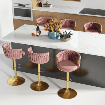 Gold Bar Stool Set of 6, Velvet Swivel Barstools, Height Adjustable Counter Stools with Woven Backrest, Upholstered