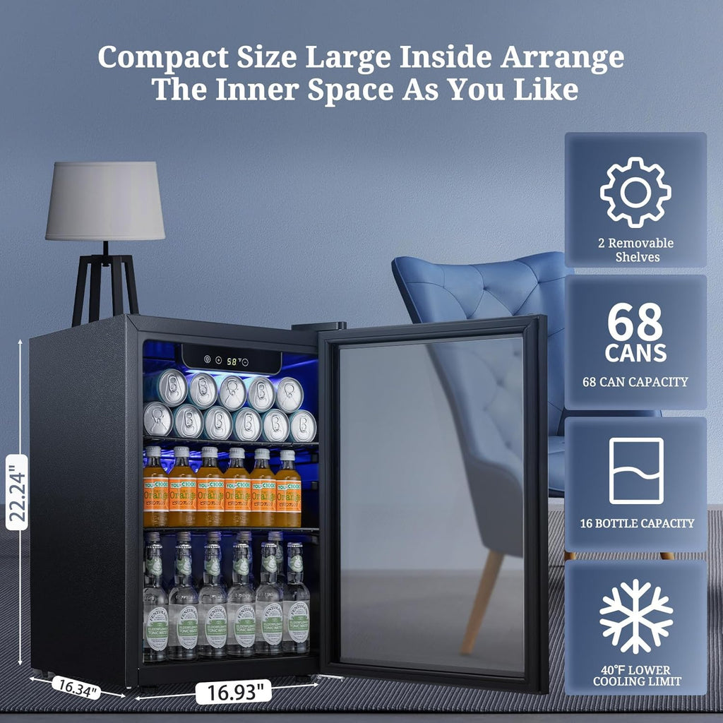 Beverage Refrigerator Cooler 68 Can, Mini Fridge with Glass Door for Beer Drinks