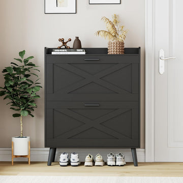 Farmhouse Shoe Storage Cabinet with Flip Drawers & Barn Door Design | Slim Narrow Shoe Rack Cabinet with Adjustable