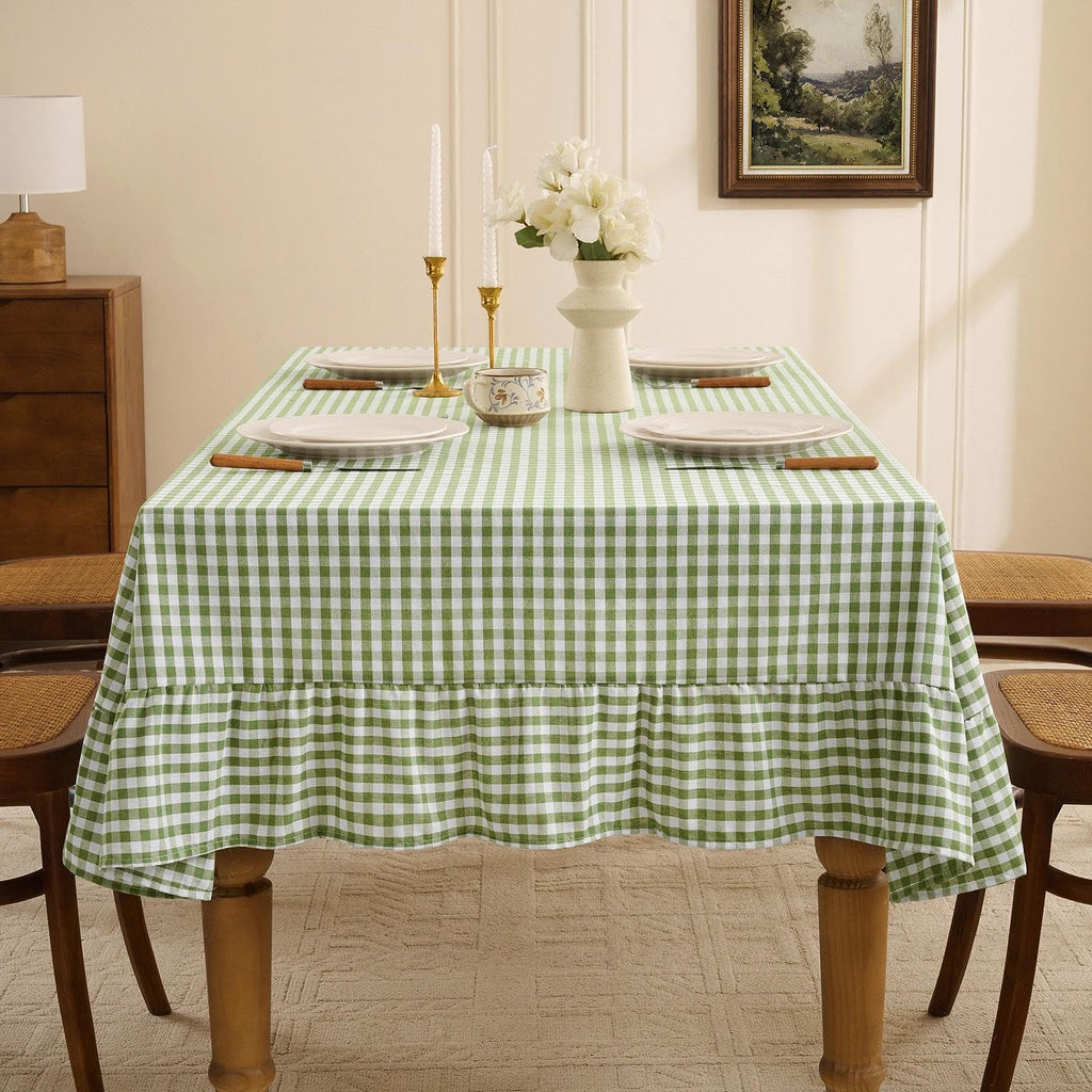 Gingham Ruffled Tablecloth Rectangle, 60 x 84 Inch, Sage Green