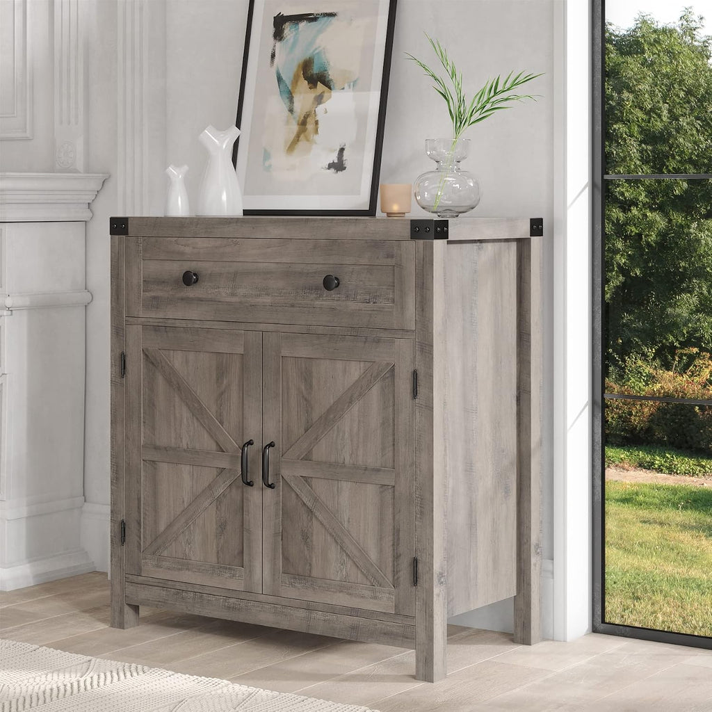 Kitchen Storage Cabinet, Farmhouse Coffee Bar Cabinet, Ash Gray | Small Buffet Cabinet with Doors & Wide Drawer, Wood
