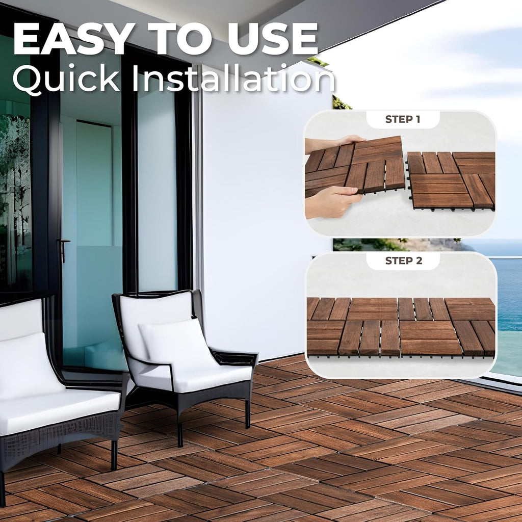 Premium Acacia Wood Interlocking Deck Tiles - Set of 9 pcs, 12"x12", Waterproof Outdoor Patio Flooring