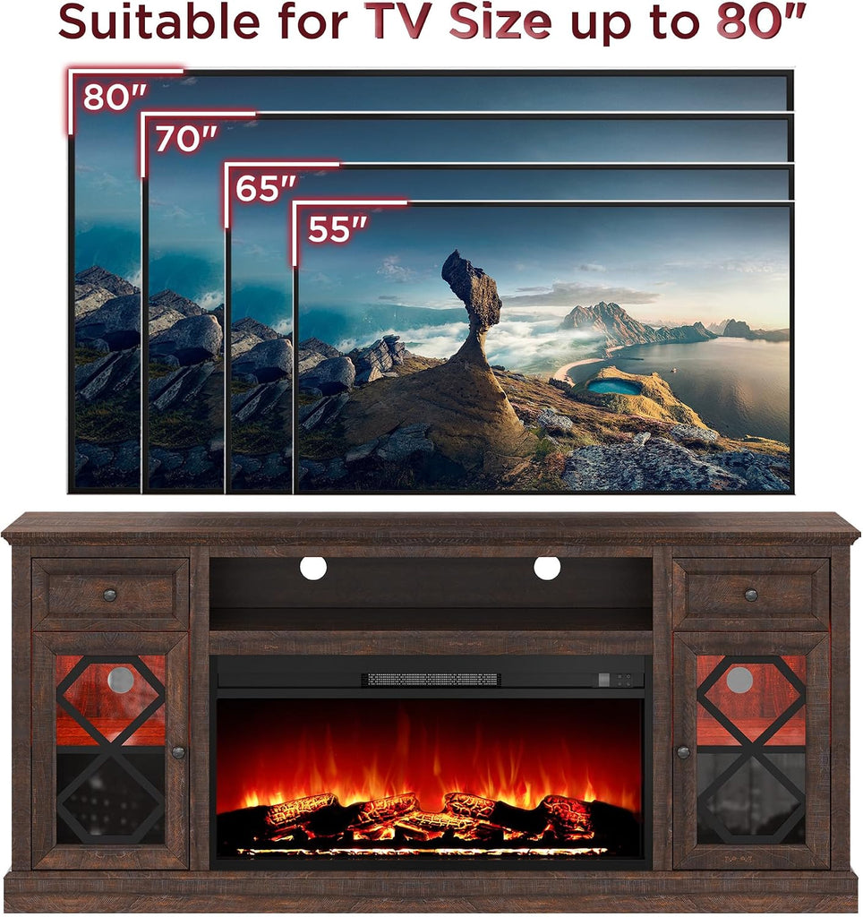 Farmhouse 70" Fireplace TV Stand with 37" Electric Fireplace, Large LED Entertainment Center with Storage for 80"