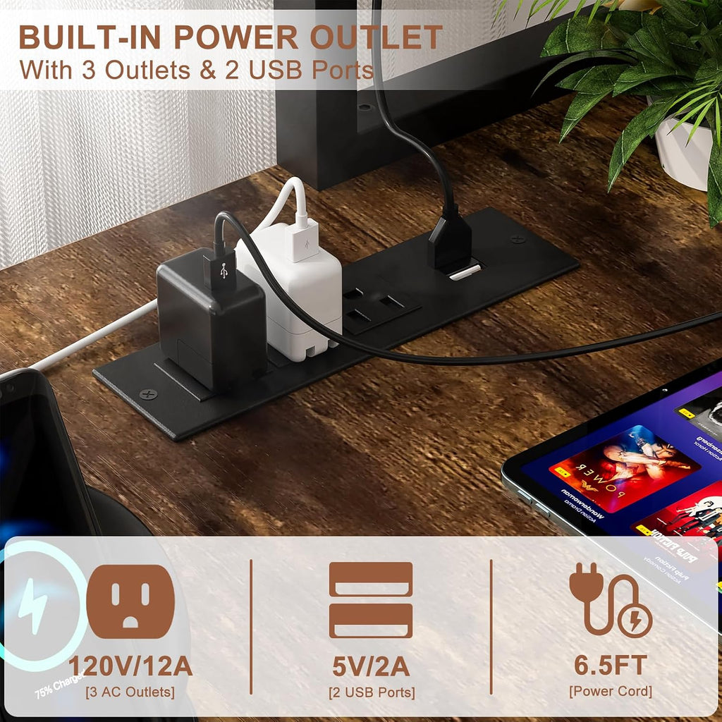L Shaped Gaming Desk with Power Outlets & LED Lights, Rustic Brown
