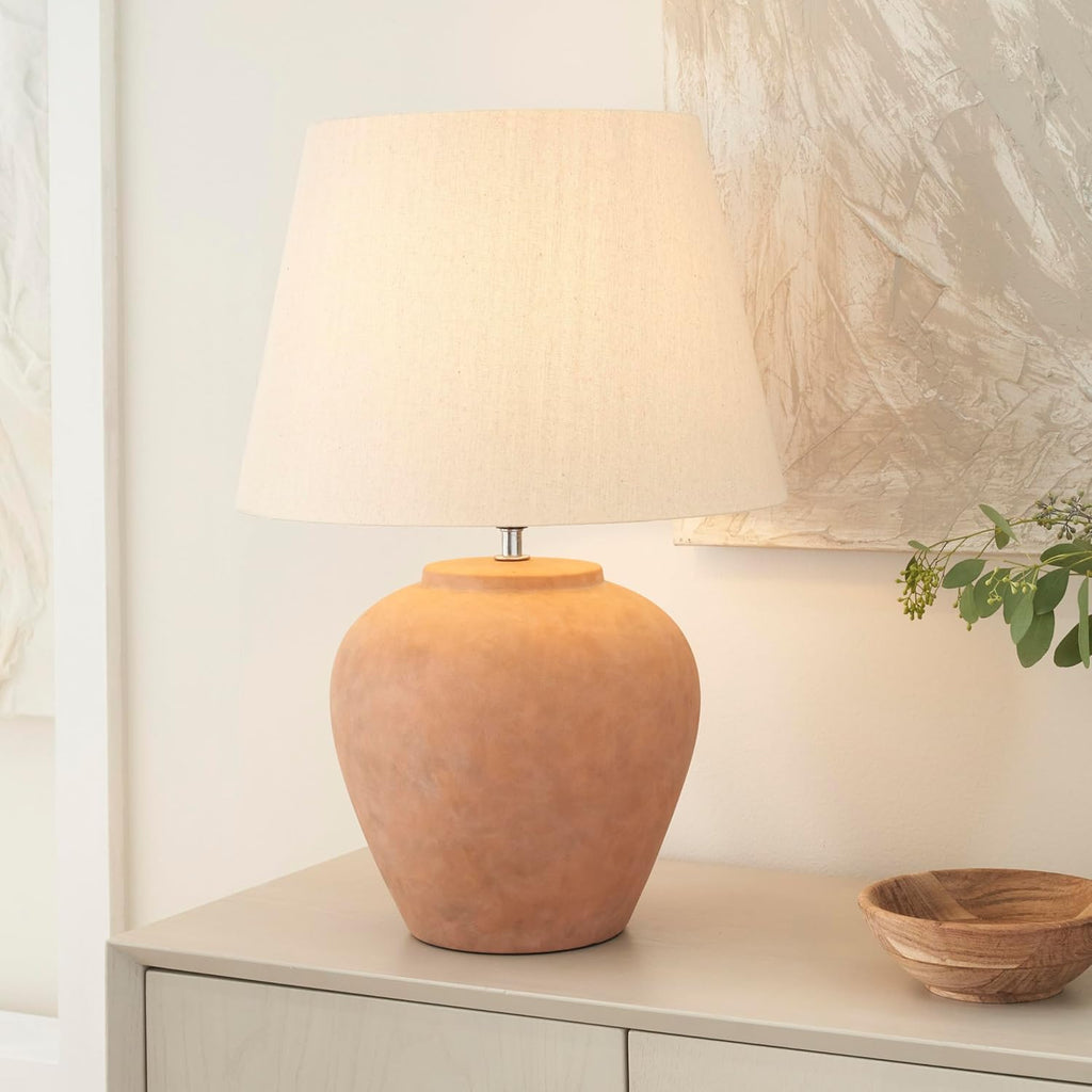 Home 20" Rustic Terracotta Ceramic Table Lamp with Fabric Shade, Bedside Nightstand Lamp