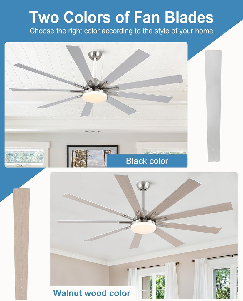72 Inch Ceiling Fans with Lights,Large Modern Ceiling fan with Remote and 9 Wooden Blades,Dimmable,6 Speeds
