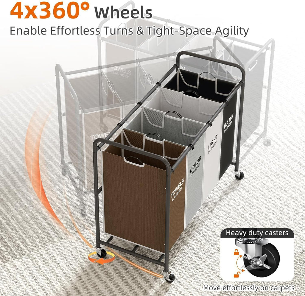 Laundry Hamper Sorter Cart, 4-Section Organizer with Lockable Wheels | Heavy-Duty 180L Rolling Laundry Basket with
