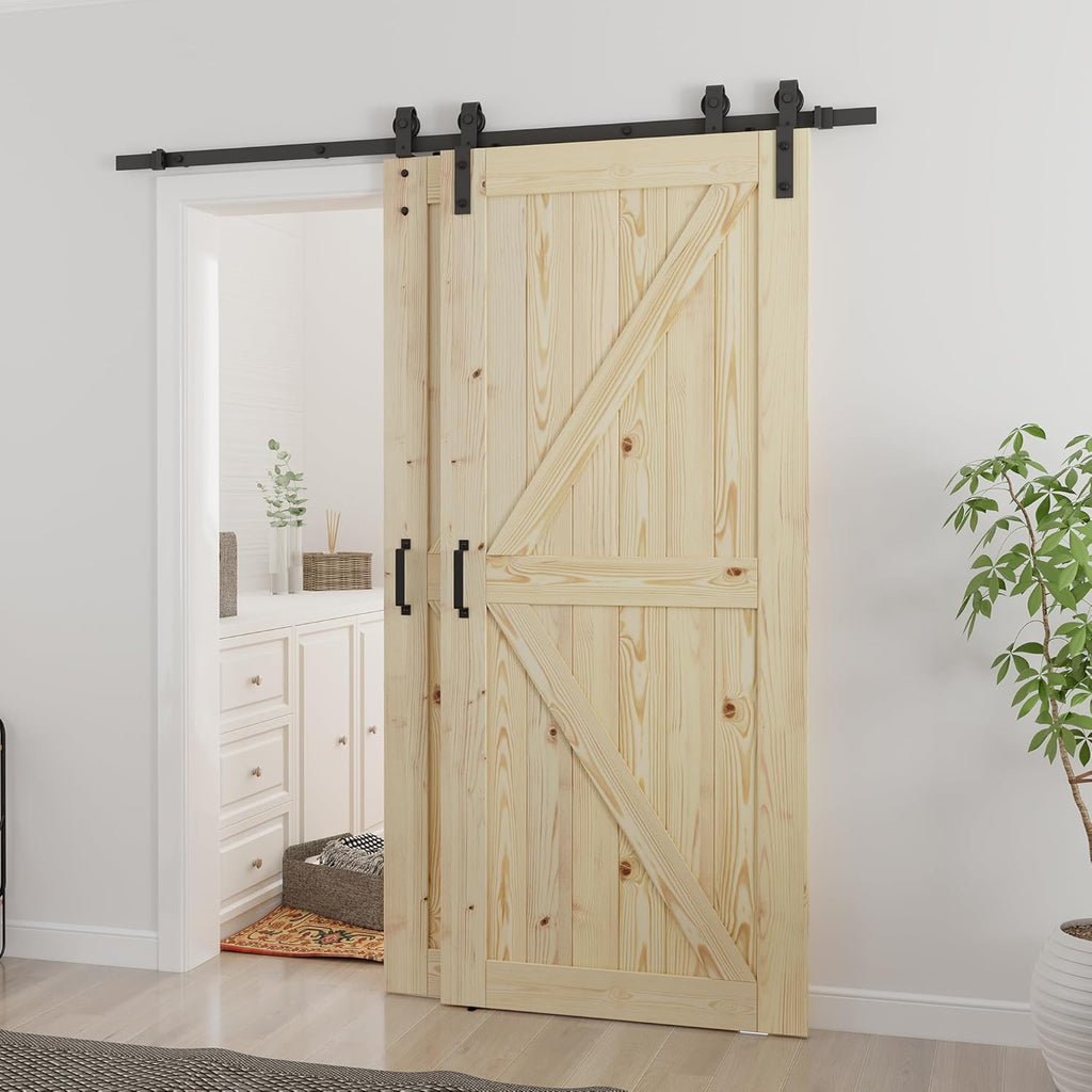 Double 36"x80" Bypass Barn Door with 6.6FT Track Hardware Kit Included, Unfinished Solid Wood, DIY S