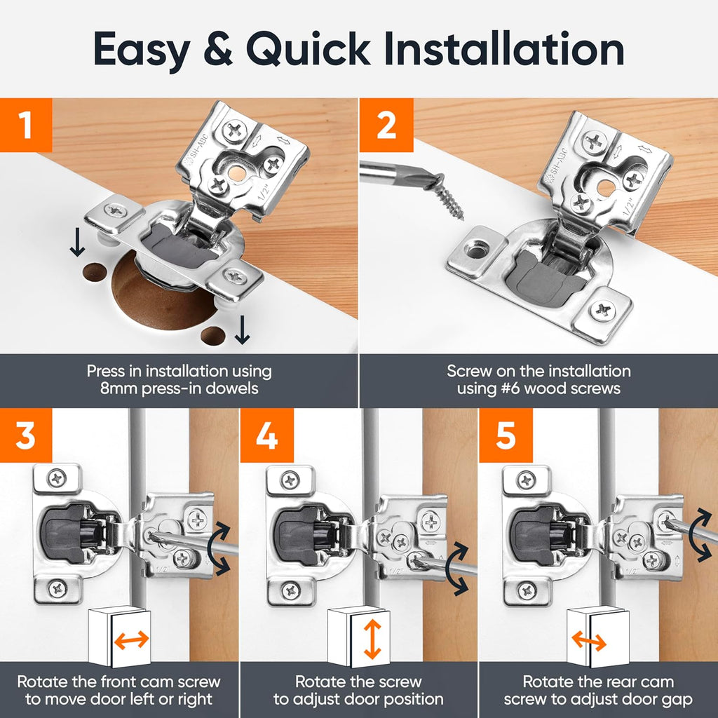 50 Pack Soft Close Cabinet Hinges - 1/2" Overlay Doors, Slow Self-Closing Concealed Hidden Hinges for Face Frame
