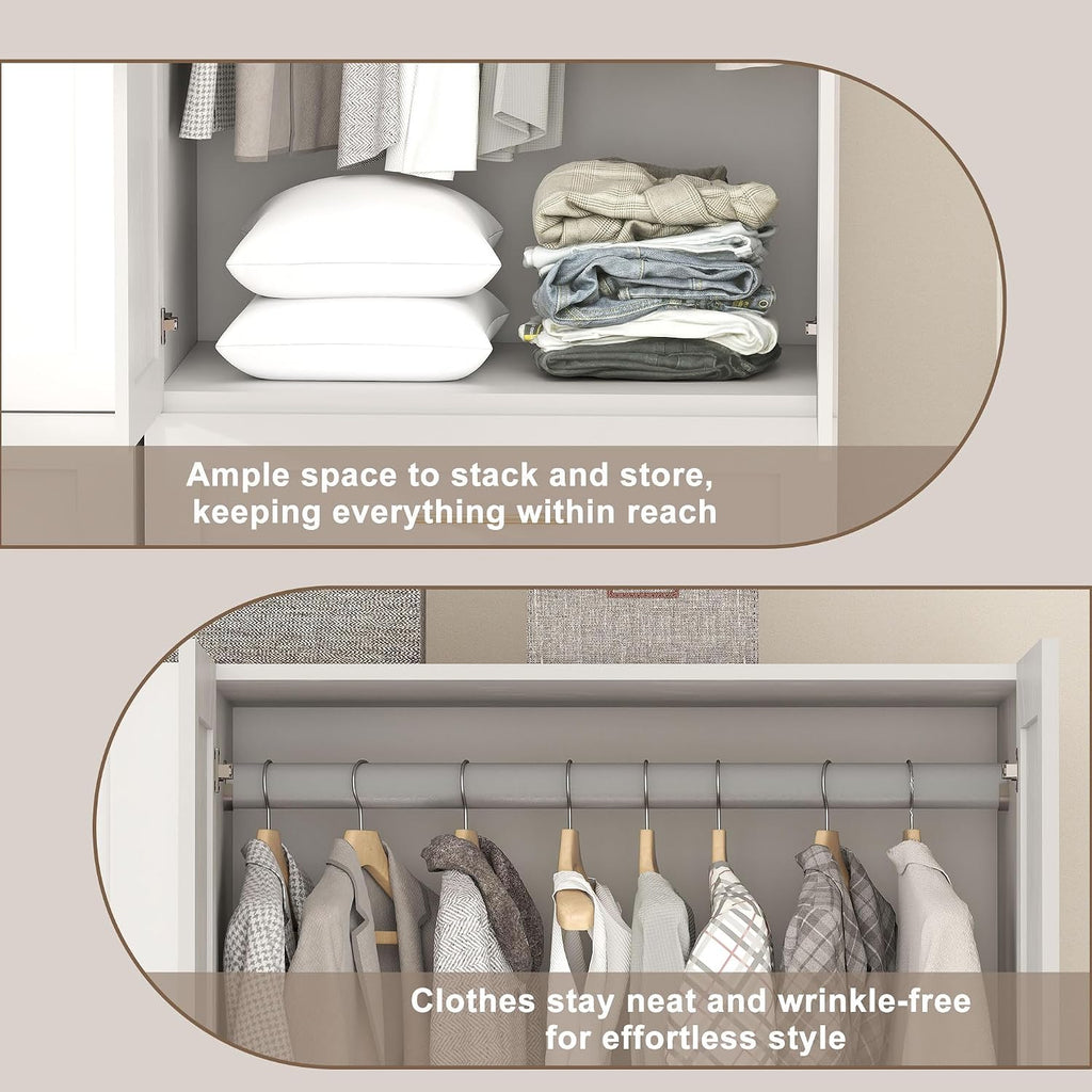 Armoire Wardrobe Closet with Drawers: 75" White Wardrobe Closet with 2 Doors and 2 Drawers, Wood Armoire Closets
