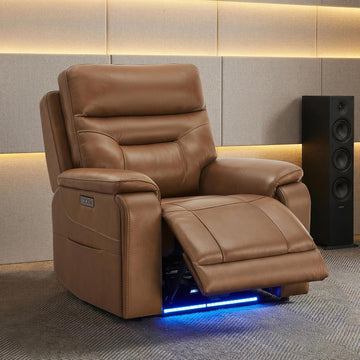 Power Recliner Chair with LED Light, 165° Lay Flat Recliner with USB & Type-C Charging Ports, Genuine Leather