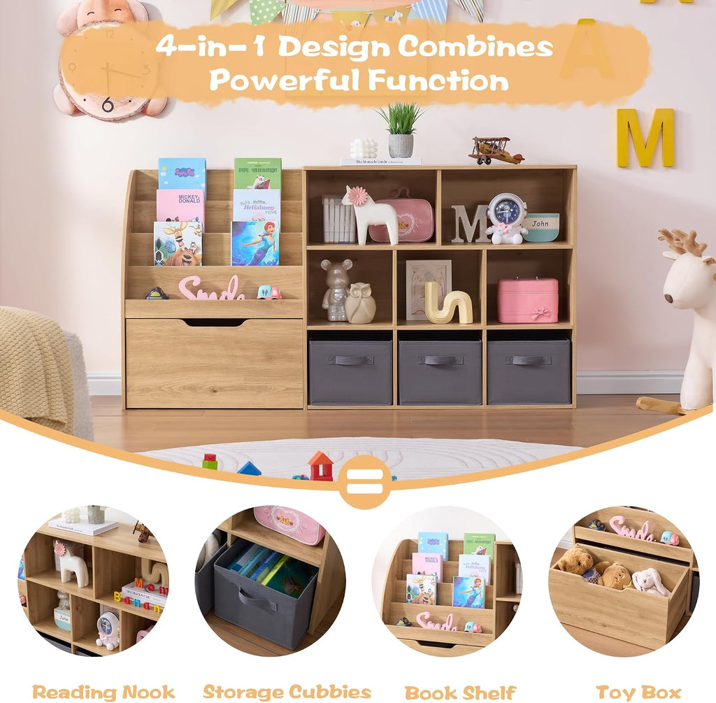 Kids Bookshelf and Toy Storage, Toy Storage Organizers with Movable Drawers & 3 Storage Bins, Kids Reading Nook Toy
