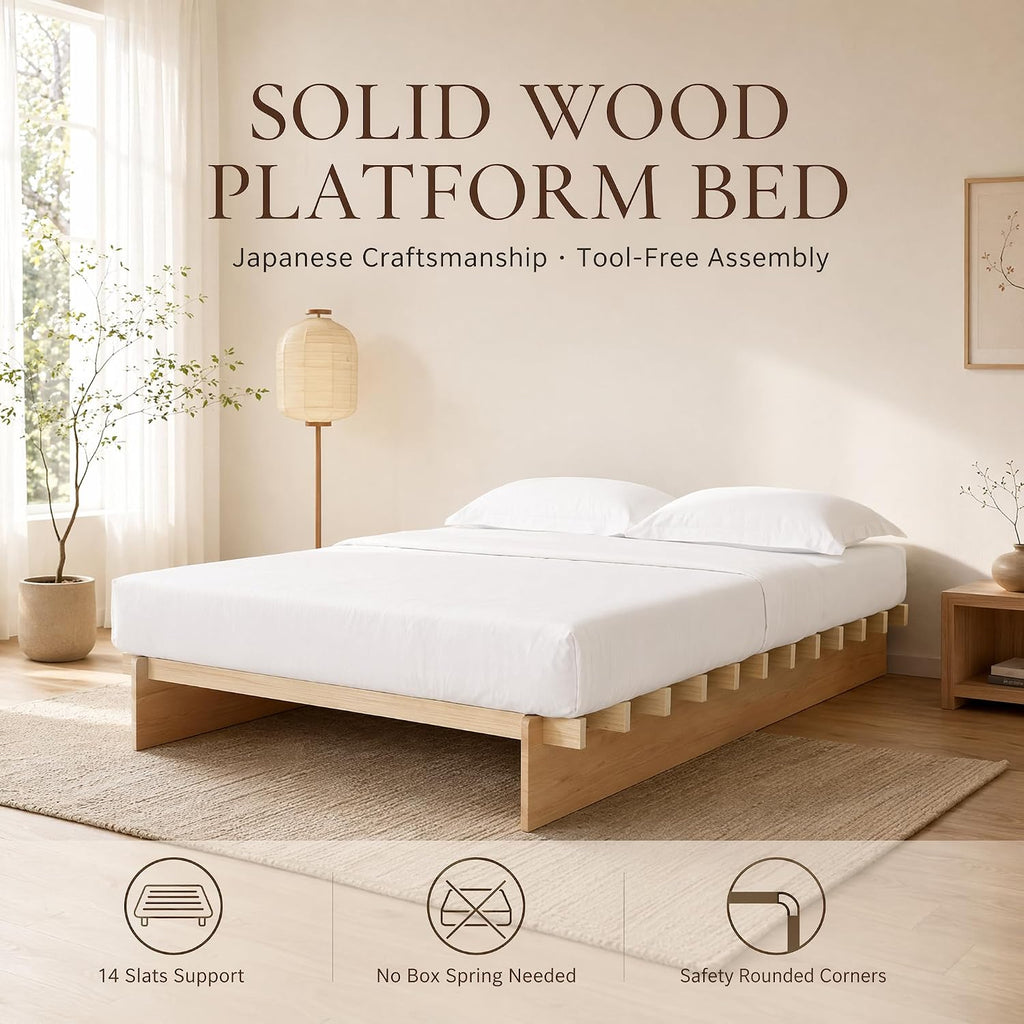 Queen 100% Solid Wood Platform Bed Frame, No Tools Japanese Joinery Wood Bed Frame with Wooden Slat, 8" Under‑Bed