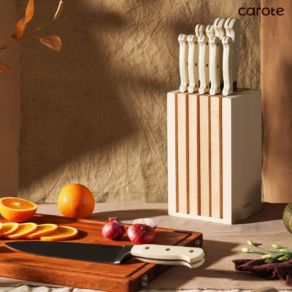 11-Piece Kitchen Knife Set with Magnetic Wood Block, Beige | Razor-Sharp Stainless Steel Knives, Long-Lasting