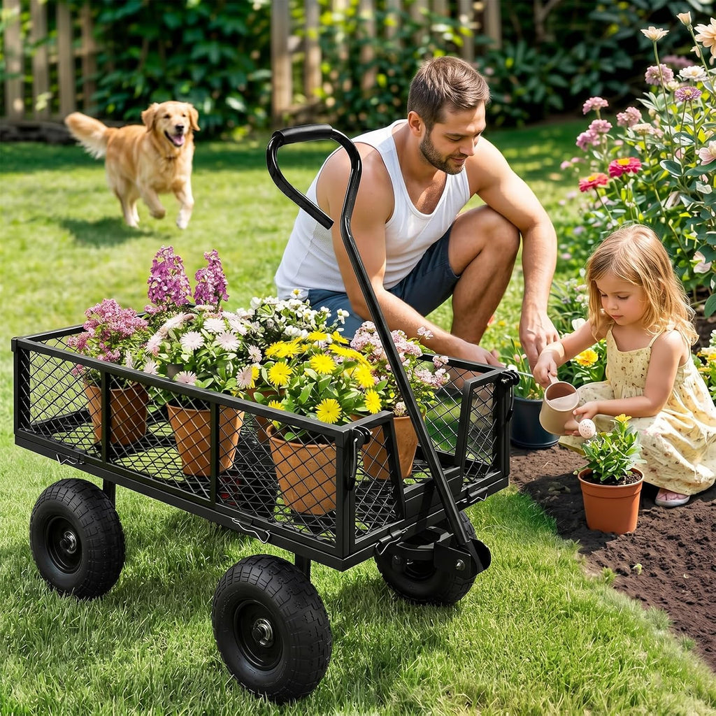 Heavy Duty Garden Wagon Cart - 880 LBS Steel Utility Cart with All-Terrain 3.50-4" Solid Wheels, 10" Tires, 180°