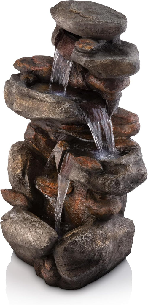 40" 4-Tier Rock Floor Fountain with Cascading Water & White LED Lights, Tranquil Outdoor Water Feature