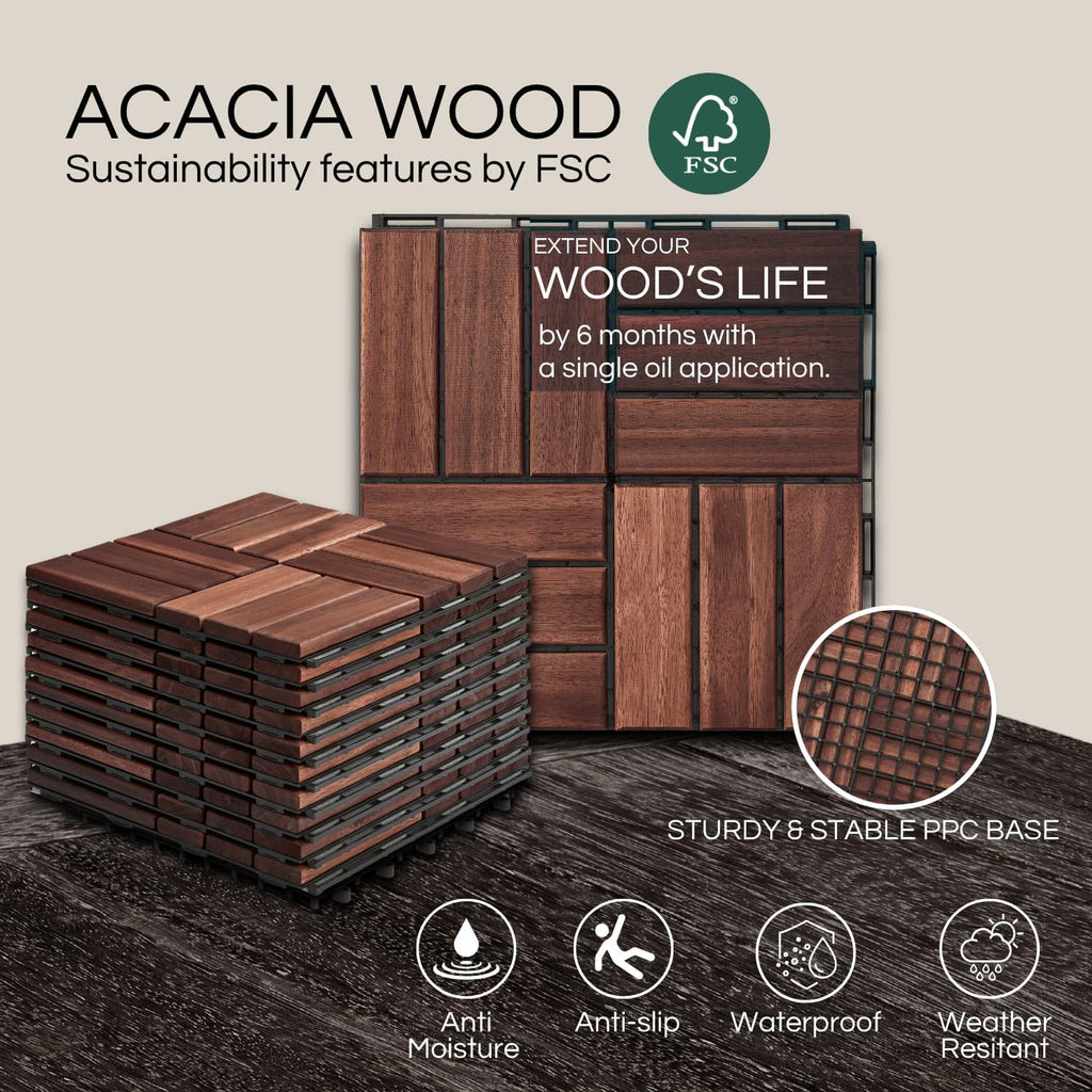 Premium Deck Tiles, Patio Flooring - Set 10 Pcs 12”x12”x0.9” Interlocking Deck Tiles, Waterproof Acacia Wood for